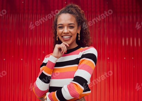 Preview: Fashion, happy and black woman against a red wall in the city of Japan for travel holiday. Portrait