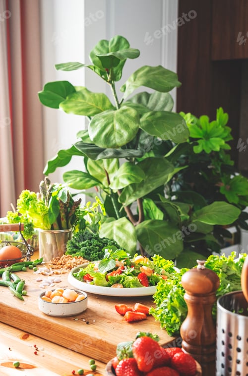 Preview: Delicious green salad with lettuce, strawberry, shrimps and nuts on oak table in bright cozy kitchen