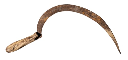 Preview: ancient rusty forged iron sickle with wood handle