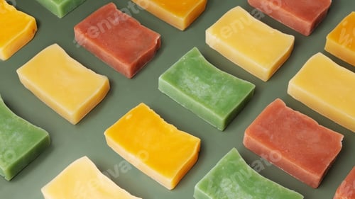 Preview: Pattern of eco-friendly natural soaps with various additives on a green background, banner
