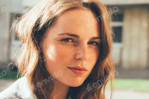 Preview: Young freckled girl smiling. City street background. Spring time. Outdoor filming.
