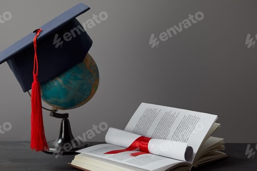 Preview: Globe, academic cap, diploma and open book on grey