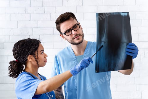 Preview: Animal radiology. Veterinarian doctor with assistant studying xray at clinic