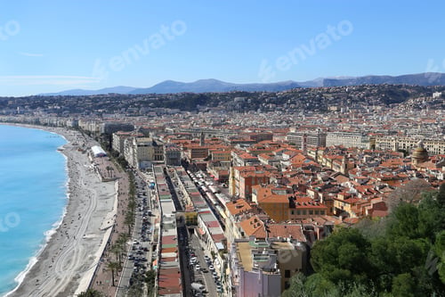 Preview: Panoramic view of Nice coastline and old town, France