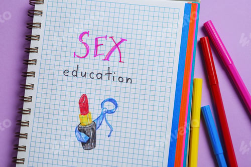 Preview: Notebook with phrase "SEX EDUCATION" on violet background, flat lay