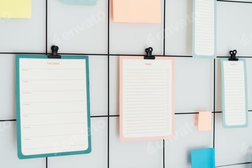Preview: Close up grid mood inspiration board with mockup empty notes, Check lists and stickers