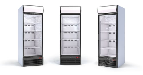 Preview: Fridge with glass door isolated on white. Set of empty showcase