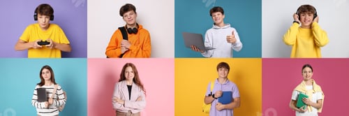 Preview: Teenagers on different colors backgrounds, collection of portraits