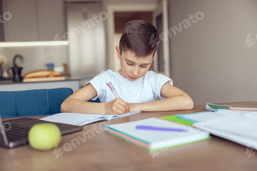 Preview: Portrait of small smart boy pupil doing homework and writing with pen in notebook.