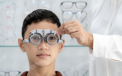 Preview: Boy has his eyes checked for glasses by a specialist.