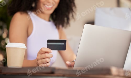 Preview: Online shopping, smile and woman with laptop and credit card surfing internet for Christmas gift in