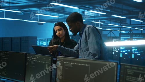 Preview: Technicians looking at laptop screen, working in data center