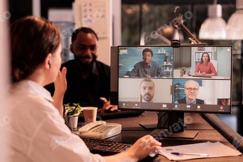 Preview: Coworkers online meeting communication using videocall computer software