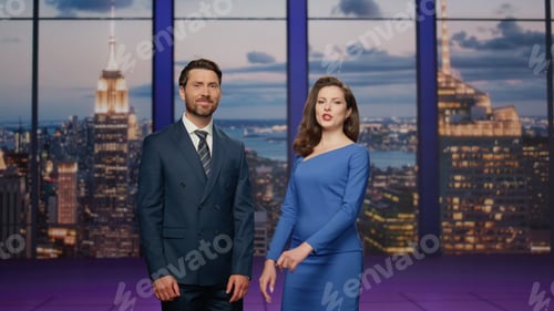 Preview: Presenters beginning breaking news broadcasting. Friendly couple newscasters
