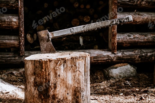 Preview: Axe in stump. Axe ready for cutting timber in forest