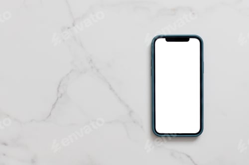 Preview: Smartphone with blank white screen in case on marble table, Mobile phone mock up