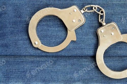 Preview: Police steel handcuffs lying on dark blue jeans background