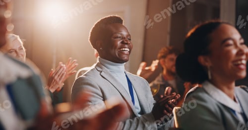 Preview: Business, man and crowd with applause at seminar for success, profit increase and presentation ach