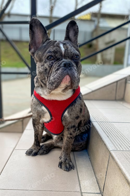 Preview: Young french bulldog dog sits on steps of city house waiting for his owner.