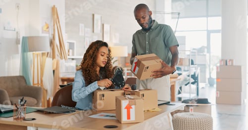 Preview: Man, woman and tablet for online shopping logistics, e commerce shipping boxes or retail shopping e