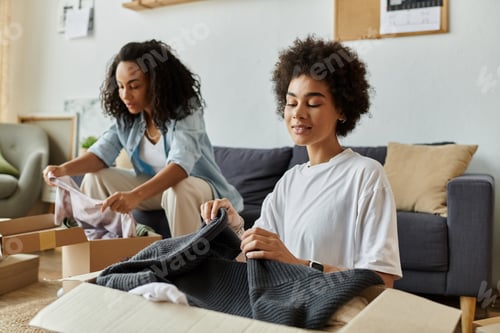 Preview: LGBT Couple Engaging in Creative Upcycling of Clothes in Cozy Living Room During Daytime