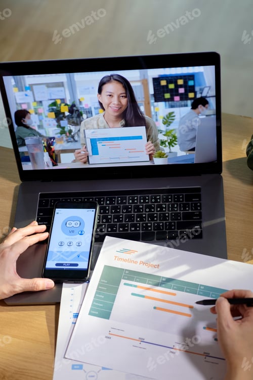 Preview: developer asisn woman video conference ux ui design meeting online with laptop at home