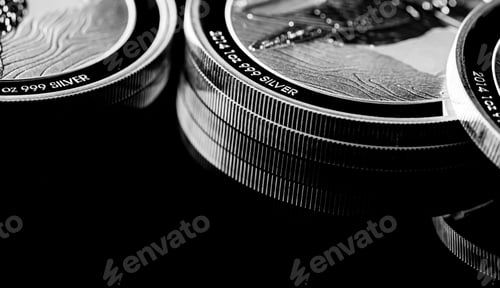 Preview: Close-up of silver bullion coins on a glossy black reflective surface