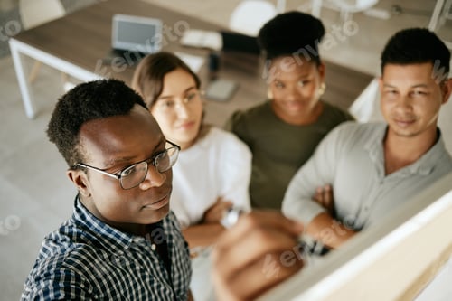 Preview: African american business man coach mentor writing on board explaining idea and thoughts while brai