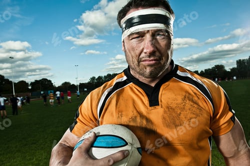 Preview: Rugby player holding ball with determination on the field