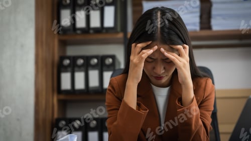 Preview: Stress chinese business woman doing bookkeeping analyst audit working papers, public offering, cash