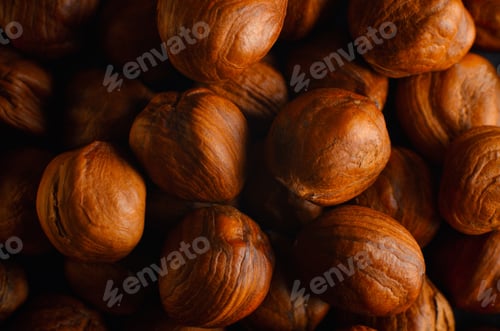 Preview: Close-up of nuts, close-up of a heap of peeled hazelnuts, top view. Low key contrast food