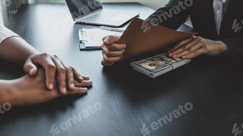Preview: Businesswoman hand holding bribe money to government officials sign contracts for business projects