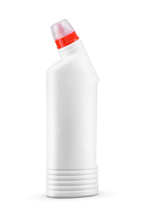 Preview: Blank toilet bowl cleaner bottle with red cap isolated on white.