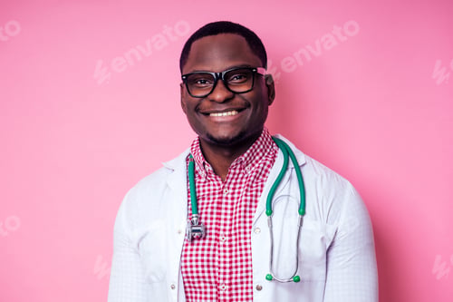Preview: happy male african medical surgeon cardiologist doctor in a white coat