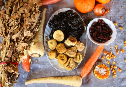 Preview: Autumnal Still Life with Dried Fruits and Root Vegetables