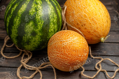 Preview: front close view green watermelon whole round formed fresh and juicy fruit with melons on the brown