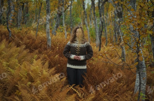 Preview: Caucasian woman standing amongst a dead yellow ferns