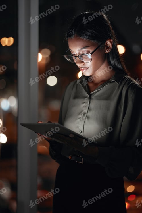 Preview: Night, work or woman reading on tablet for research, project or planning a proposal in office build