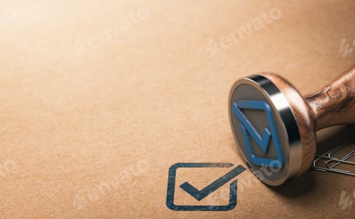 Preview: Check mark and rubber stamp over paper background with copy space on le left.