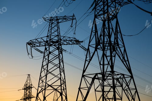 Preview: industrial landscape. Silhouette High voltage electric tower on sunset time and sky on sunset