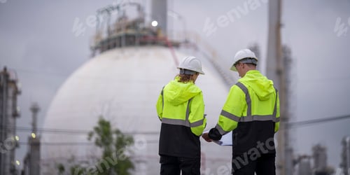 Preview: Worker wearing safety helmets and high-visibility jackets, engaged in conversation at an oil refiner