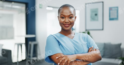 Preview: Nurse, face or arms crossed in busy hospital for about us, medical life insurance or wellness suppo