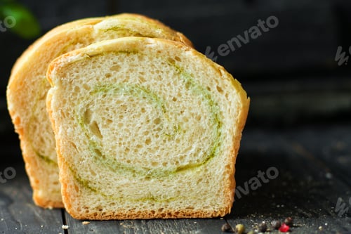 Preview: Bread Roll With Spinach And Herbs Homemade Baking Healthy Eating. Food Background Top View Copy