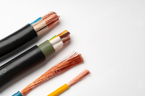 Preview: Various Electrical Wires With Exposed Copper Strands on White Background