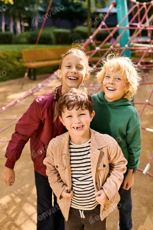 Preview: Joyful childhood moments among friends in a sunny autumn playground adventure