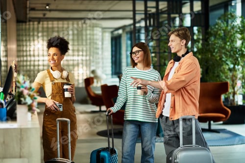Visualização: Colleagues check into a hotel during a business trip while sharing smiles and laughter