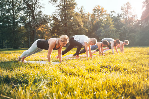 Preview: Mixed age group of people practicing yoga outside in the park while sunset