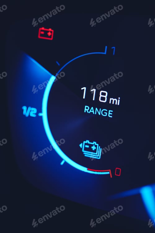 Preview: Close-in shot of electric car battery range gauge