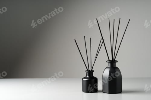 Preview: Two Black Reed Diffuser Bottles on a White Surface With Grey Background