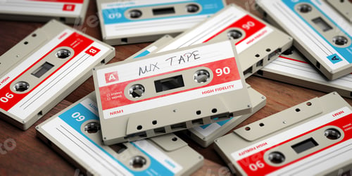 Preview: Vintage audio cassettes on wooden background, mix tape label, 3d illustration